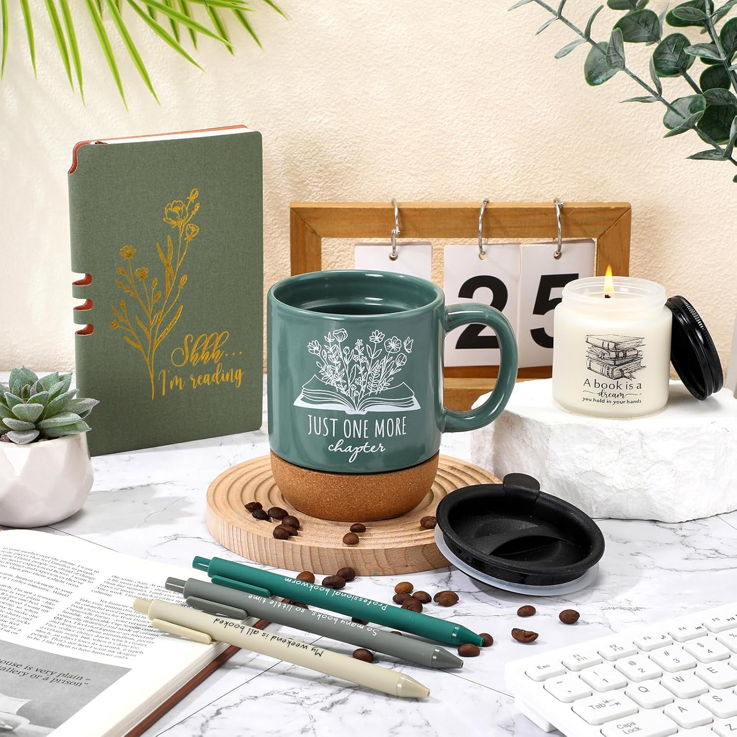 Book Lover Gifts Ceramic Mugs with Cork Bottom Book A6 Journal Notebook Candle Ballpoint Pens Reading Club Gifts for Valentines Women Men Bookish Worm Reader Librarian Teacher(Green)