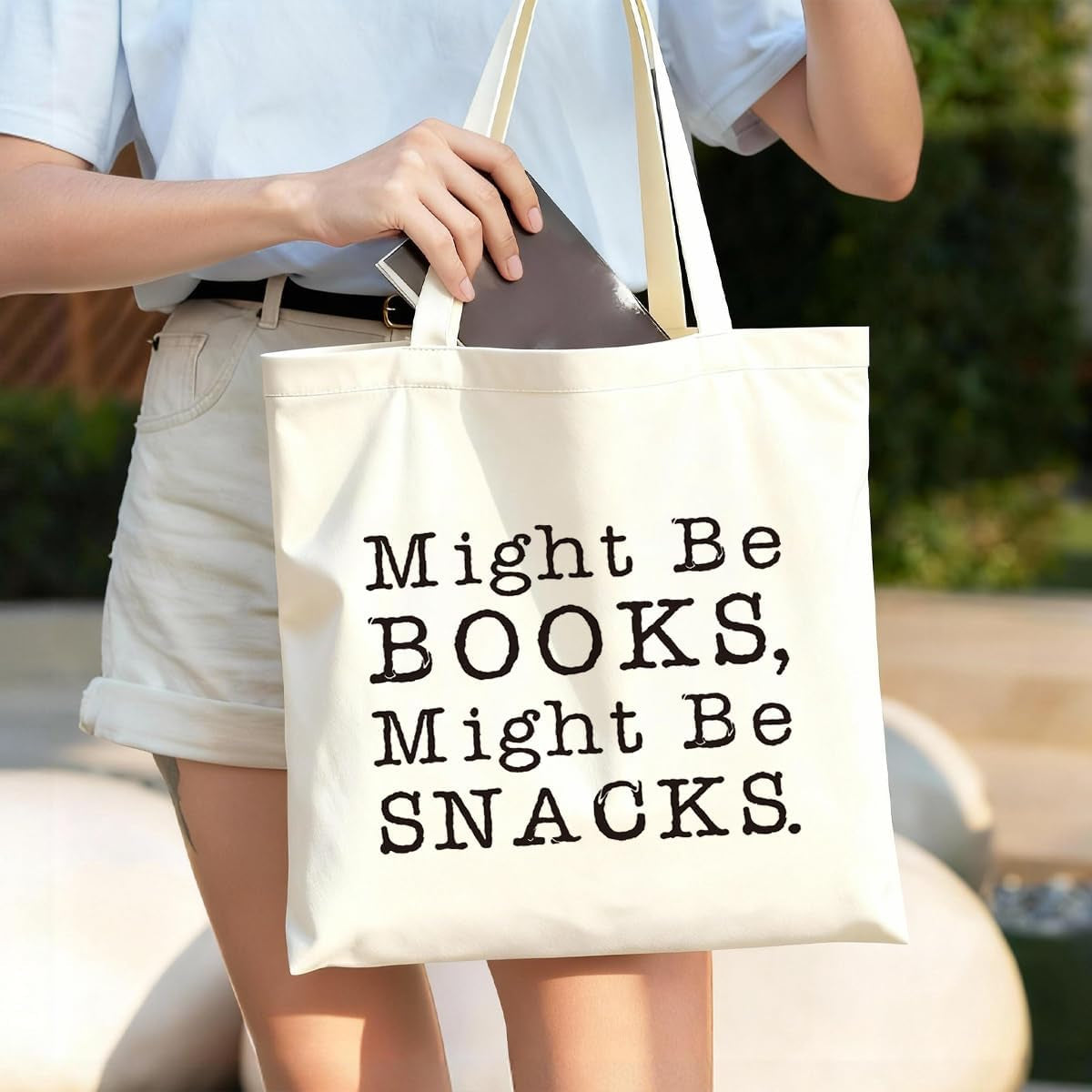 Might Be Books Might Be Snacks Canvas Tote Bag, Funny Reading and Snack Lover Tote Bag, Reusable Aesthetic Handbag for Daily Use Travel Shopping, Bookish Gift for Bibliophiles