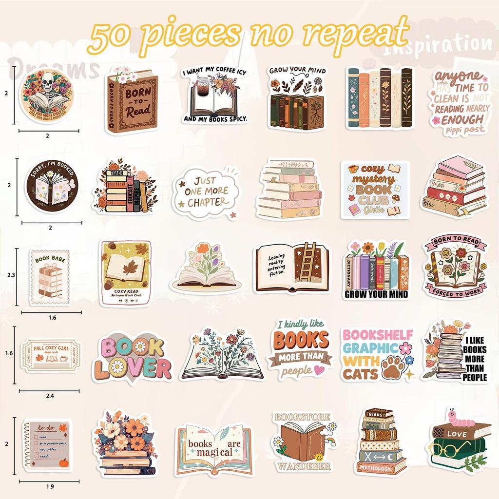 50 PCS Book Sticker for Kindle Aesthetic Stickers for Water Bottles Bookish Sticker Pack Scrapbook Stickers