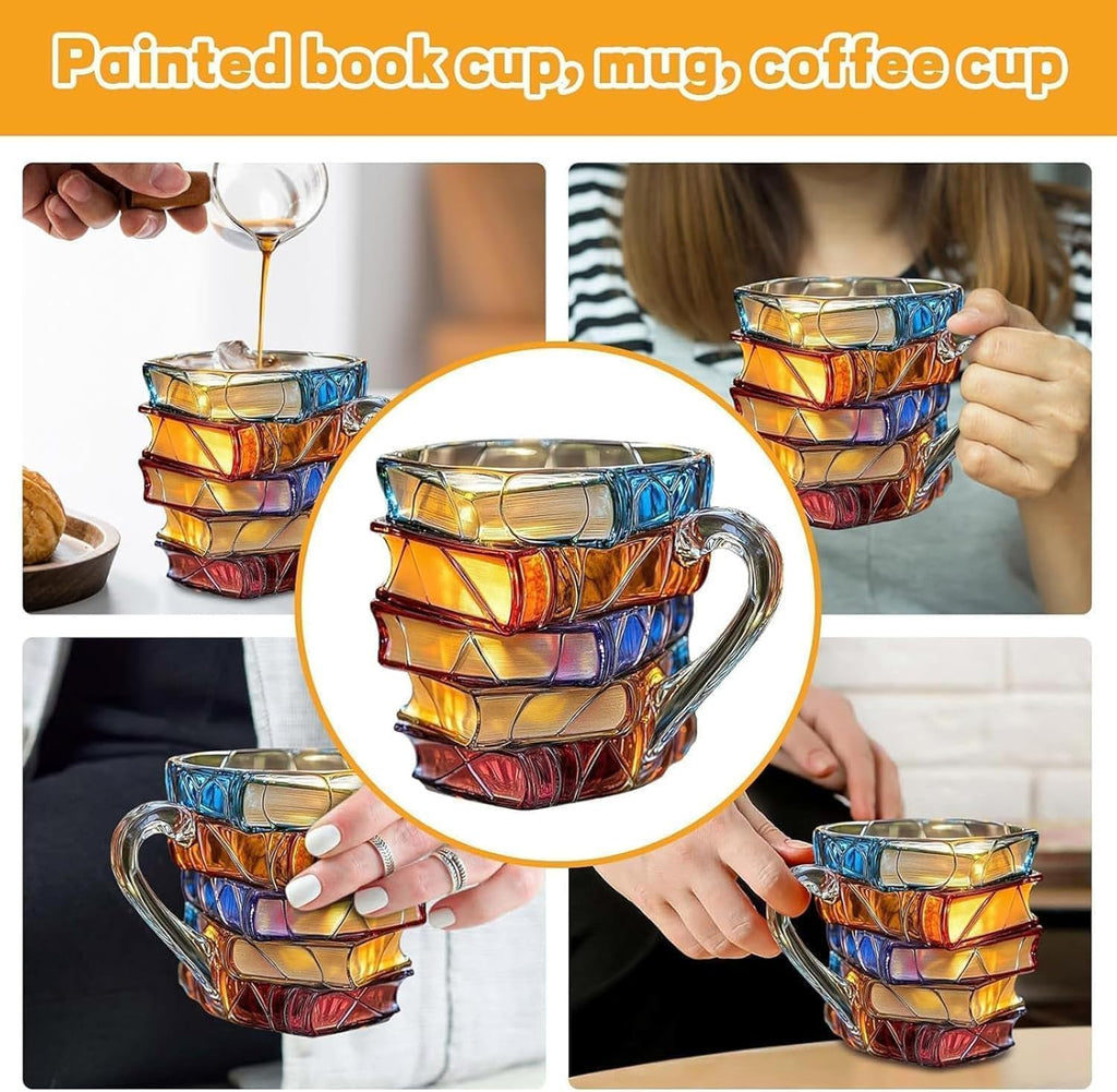 Painted  Novelty Coffee Mugs, 3D Painted Book Coffee Mug, Novelty Unique Books Coffee Cup, Painted Glass Coffee Cup Gift for Readers