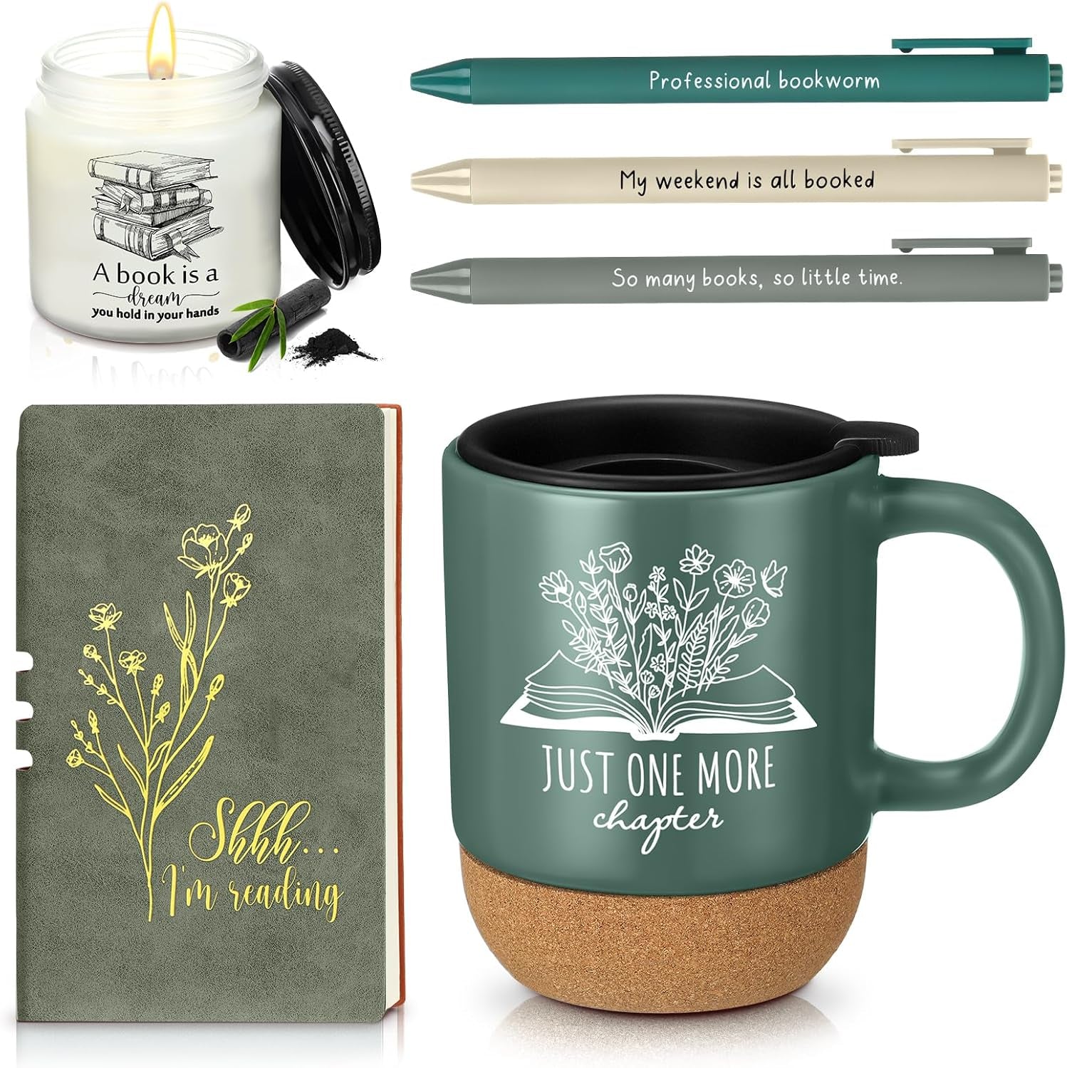 Book Lover Gifts Ceramic Mugs with Cork Bottom Book A6 Journal Notebook Candle Ballpoint Pens Reading Club Gifts for Valentines Women Men Bookish Worm Reader Librarian Teacher(Green)