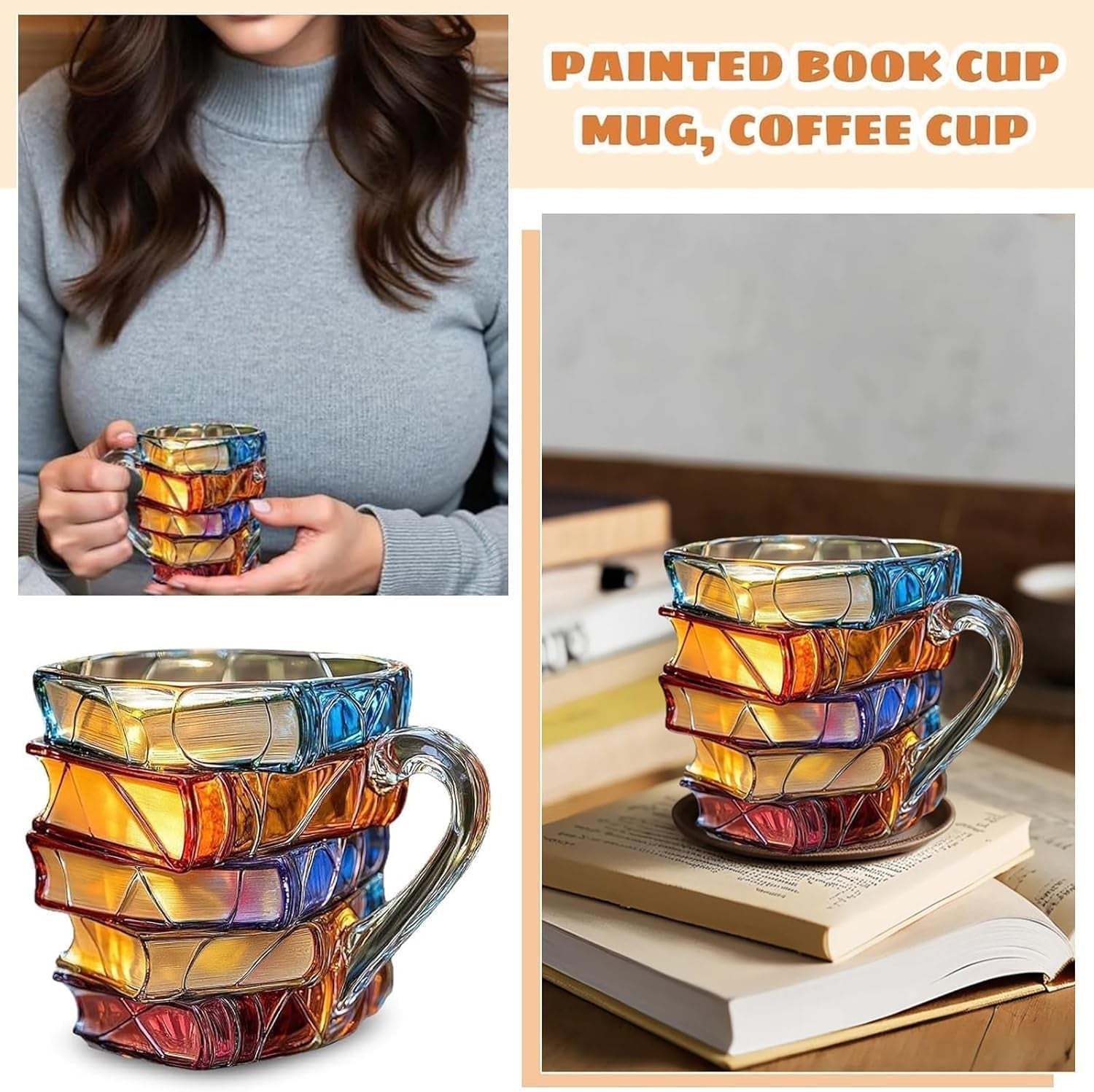 Painted  Novelty Coffee Mugs, 3D Painted Book Coffee Mug, Novelty Unique Books Coffee Cup, Painted Glass Coffee Cup Gift for Readers