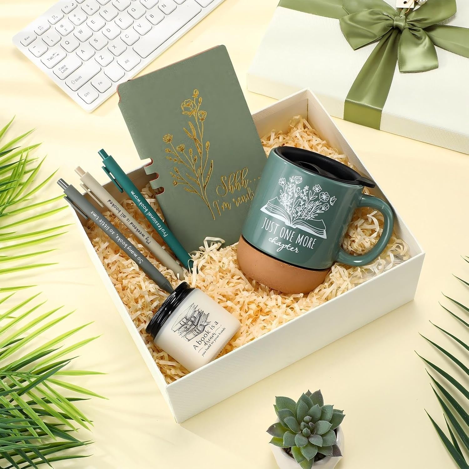 Book Lover Gifts Ceramic Mugs with Cork Bottom Book A6 Journal Notebook Candle Ballpoint Pens Reading Club Gifts for Valentines Women Men Bookish Worm Reader Librarian Teacher(Green)