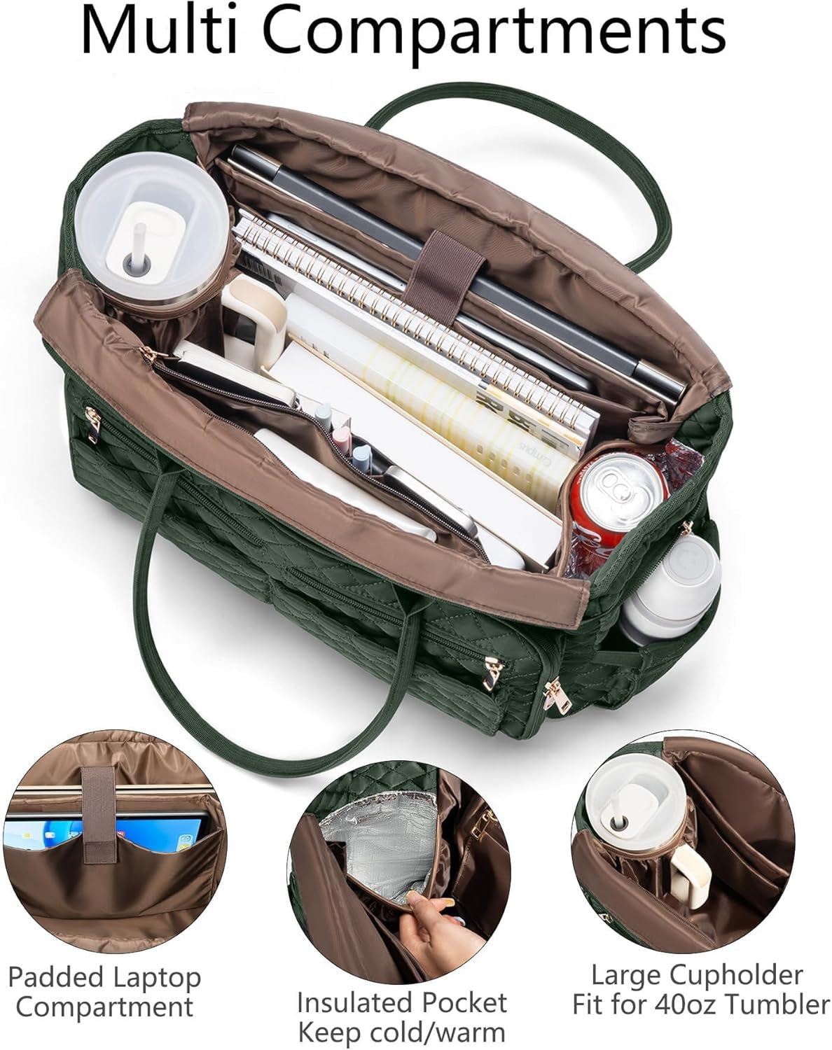 Teacher Bags for Women, 15.6 Inch Laptop Work Tote Bag Quilted Nurse Bible Bag Shoulder Handbag for School, Travel | with 40Oz Cup Holder, Insulated Pocket, Adjustable Strap, Zipper, Computer Bag, Office Briefcase, Gift for Women