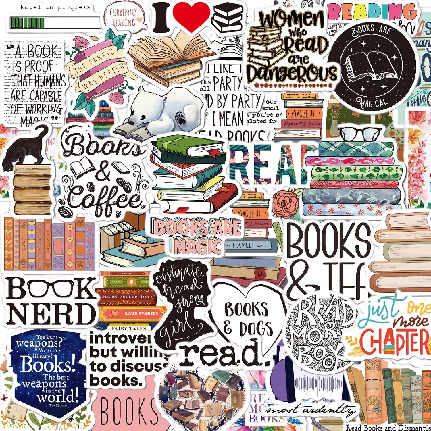 50Pcs Book Stickers for Kindle – Aesthetic Reading Bookish Sticker Pack for Water Bottles, Laptops, Journal, Ipad, Scrapbook, Phone Case – Vinyl Decals & Book Lover Gifts Accessories for Women Adults