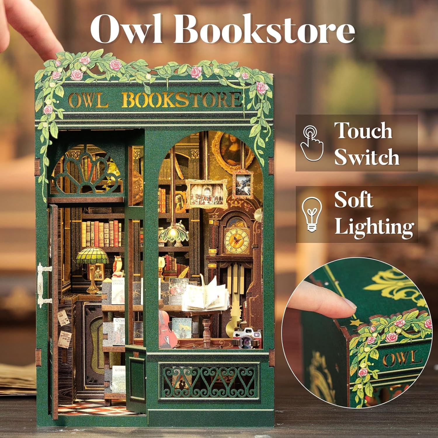 Book Nook Kit - DIY Miniature House Kit for Adults, Teens and Beginners, Dollhouse Booknook Library Tiny House Bookshelf Decor 3D Wooden Puzzle, Gifts for Family, Friends (Owl Bookstore)