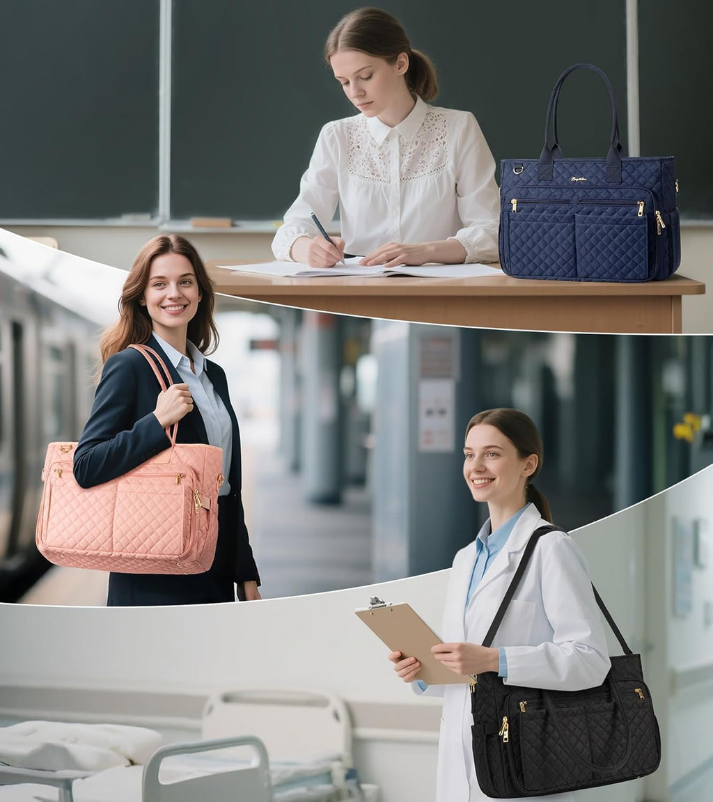 Teacher Bags for Women, 15.6 Inch Laptop Work Tote Bag Quilted Nurse Bible Bag Shoulder Handbag for School, Travel | with 40Oz Cup Holder, Insulated Pocket, Adjustable Strap, Zipper, Computer Bag, Office Briefcase, Gift for Women