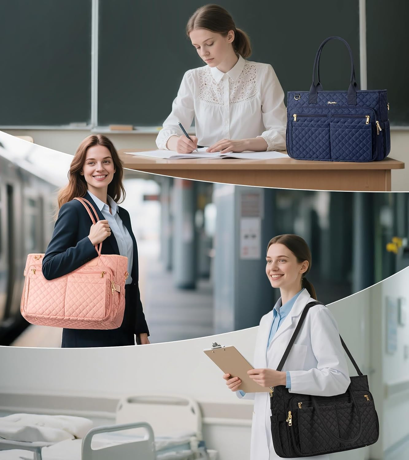 Teacher Bags for Women, 15.6 Inch Laptop Work Tote Bag Quilted Nurse Bible Bag Shoulder Handbag for School, Travel | with 40Oz Cup Holder, Insulated Pocket, Adjustable Strap, Zipper, Computer Bag, Office Briefcase, Gift for Women