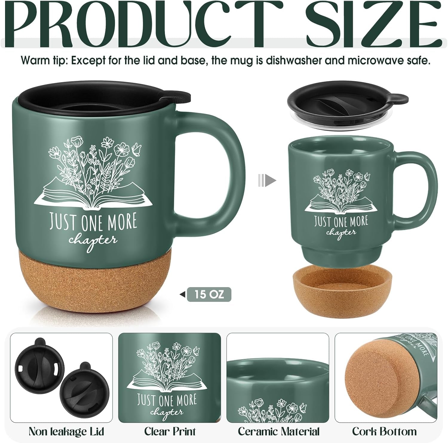 Book Lover Gifts Ceramic Mugs with Cork Bottom Book A6 Journal Notebook Candle Ballpoint Pens Reading Club Gifts for Valentines Women Men Bookish Worm Reader Librarian Teacher(Green)