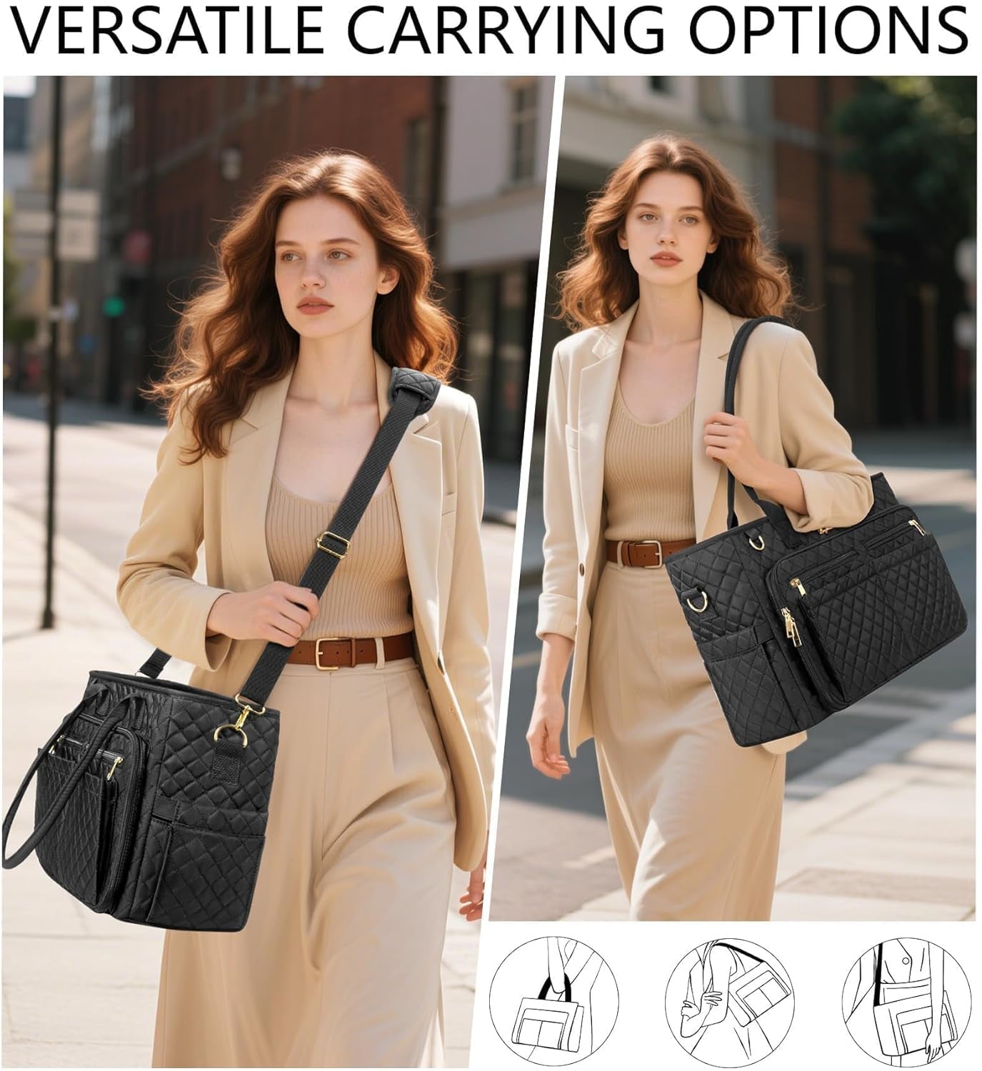 Teacher Bags for Women, 15.6 Inch Laptop Work Tote Bag Quilted Nurse Bible Bag Shoulder Handbag for School, Travel | with 40Oz Cup Holder, Insulated Pocket, Adjustable Strap, Zipper, Computer Bag, Office Briefcase, Gift for Women