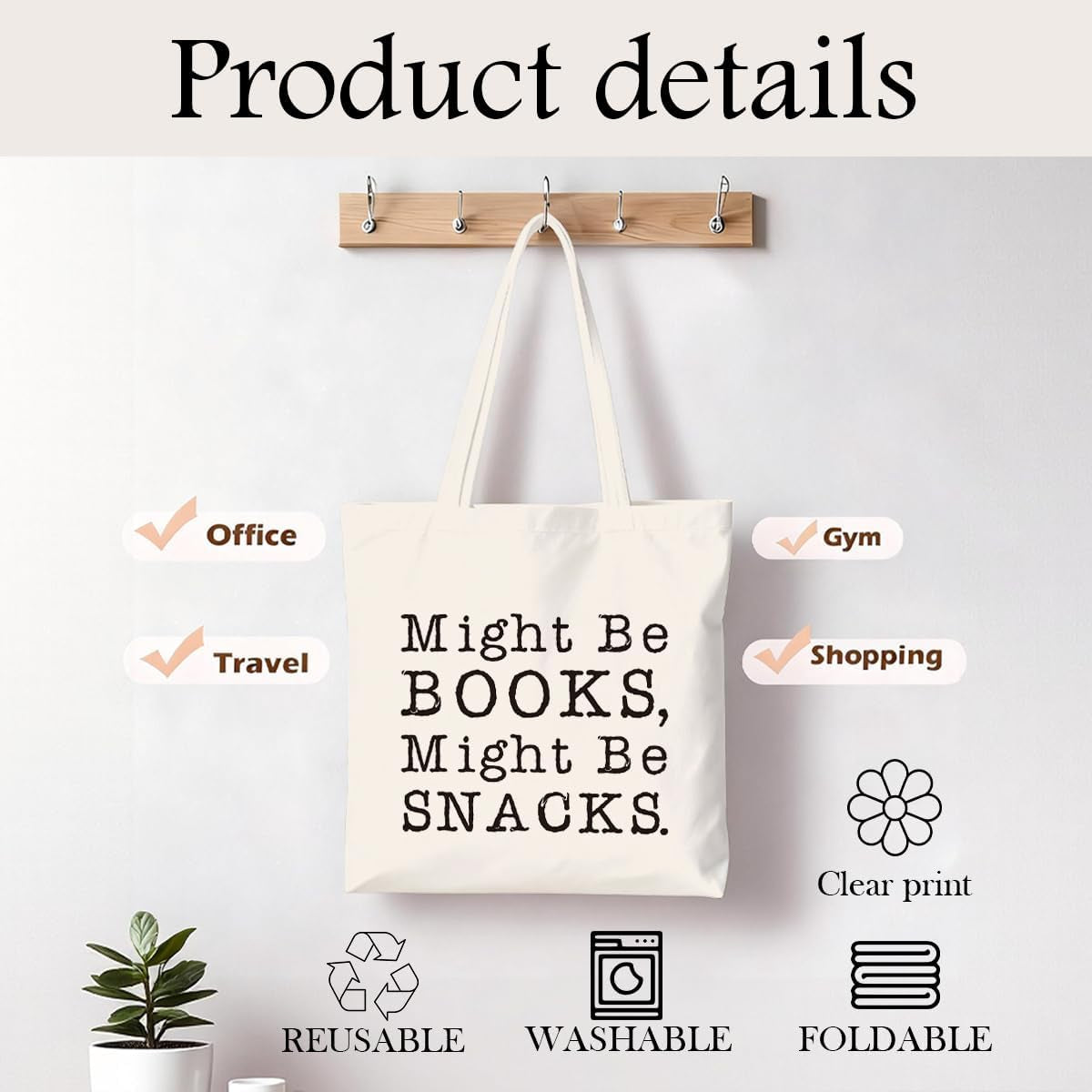 Might Be Books Might Be Snacks Canvas Tote Bag, Funny Reading and Snack Lover Tote Bag, Reusable Aesthetic Handbag for Daily Use Travel Shopping, Bookish Gift for Bibliophiles